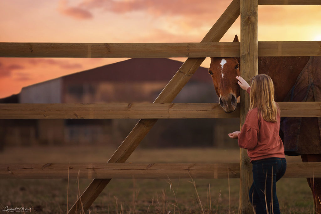 une petite fille qui caresse un cheval avec un soleil couchant a selestat