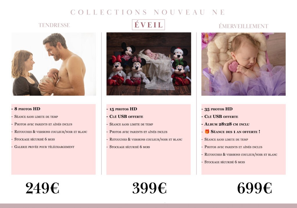 Séances photo nouveau-né : pack tendresse, éveil et émerveillement avec photos en HD, clé USB, album et séance offerte pour les 1 an. Photographe naissance en studio
