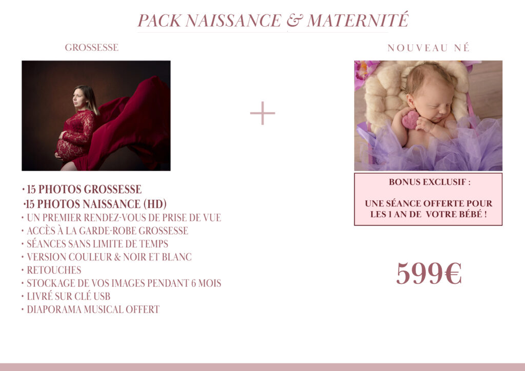 Pack séance photo grossesse et nouveau-né avec 15 photos HD, retouches incluses, clé USB et séance offerte pour les 1 an du bébé. Photographe professionnel maternité
