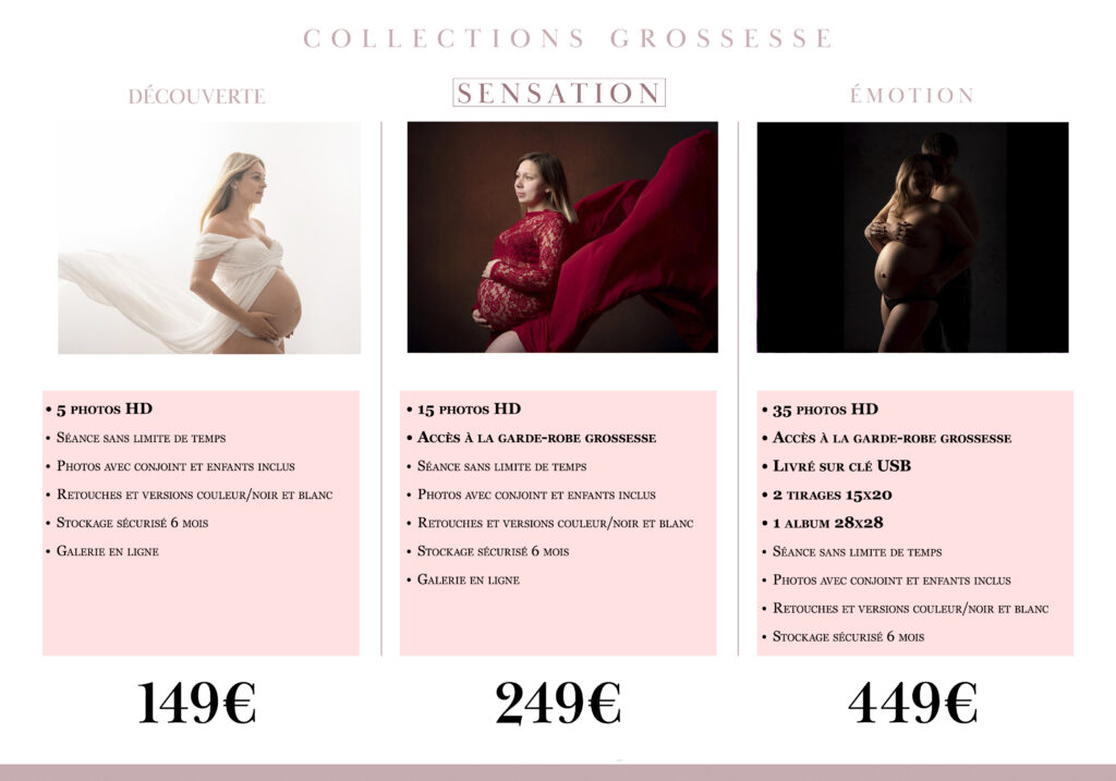 Séances photo grossesse : pack découverte, sensation et émotion avec photos en HD, accès à la garde-robe, retouches et album. Photographe maternité en studio